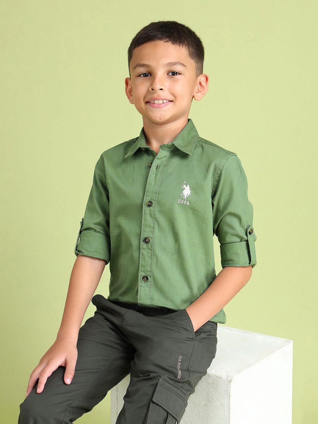 

U.S. Polo Assn. Kids Boys Spread Collar Pure Cotton Casual Shirt, Olive