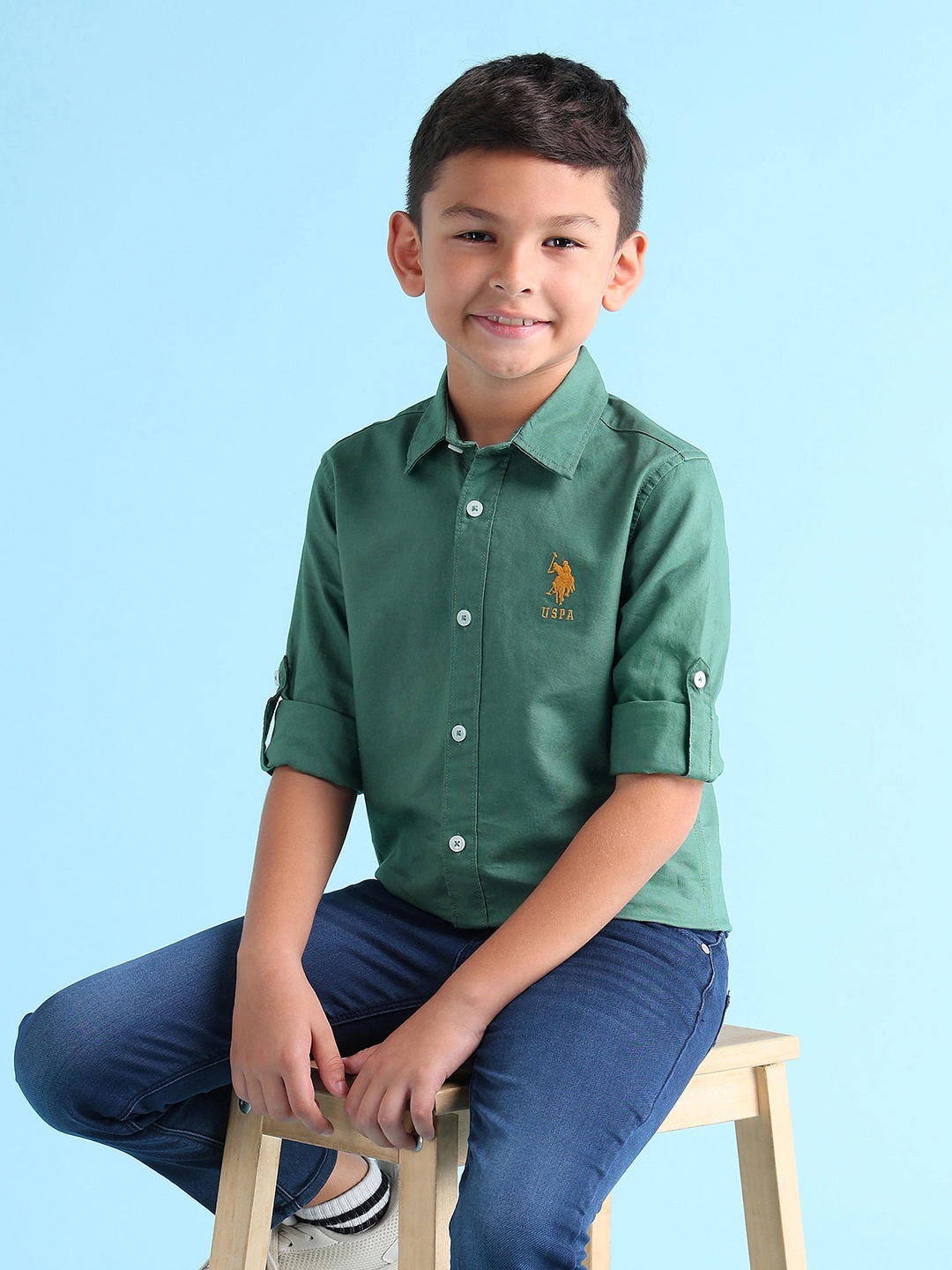 

U.S. Polo Assn. Kids Boys Spread Collar Pure Cotton Casual Shirt, Green