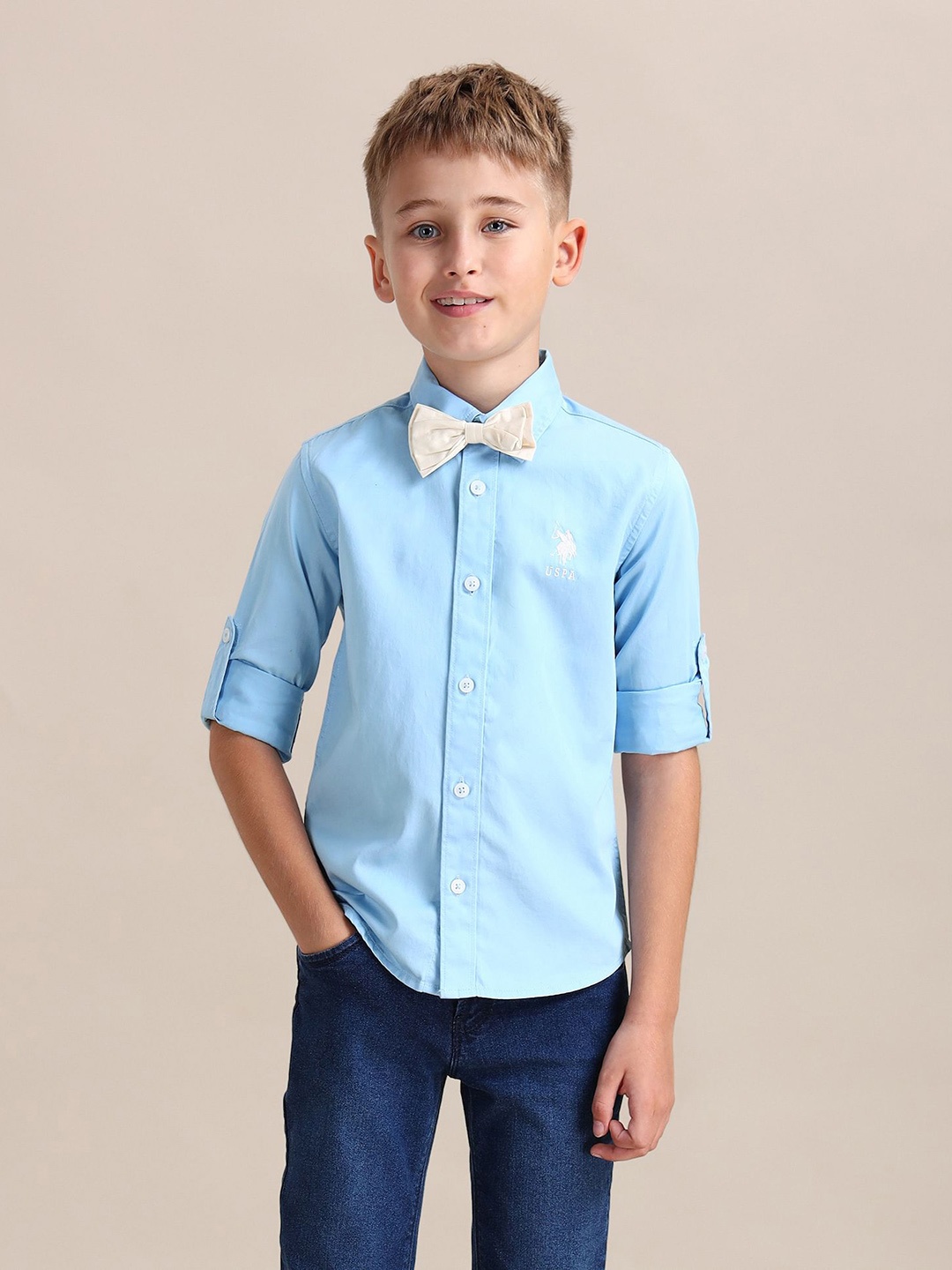 

U.S. Polo Assn. Kids Boys Pure Cotton Casual Shirt With Bow Tie, Blue