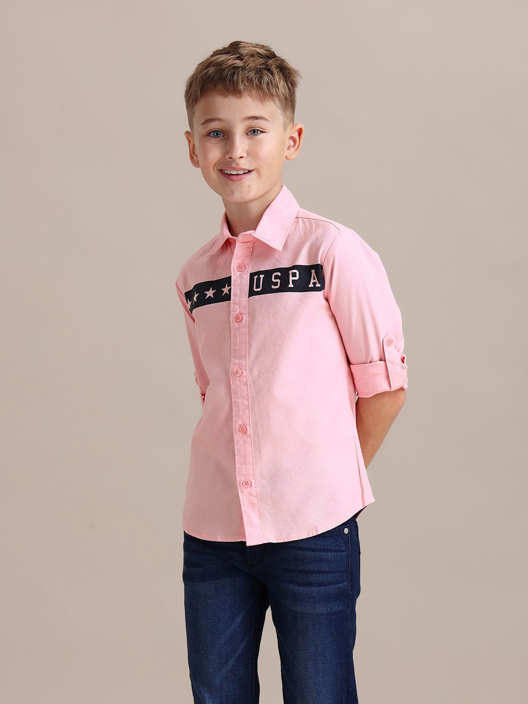 

U.S. Polo Assn. Kids Boys Brand Logo Printed Pure Cotton Casual Shirt, Pink
