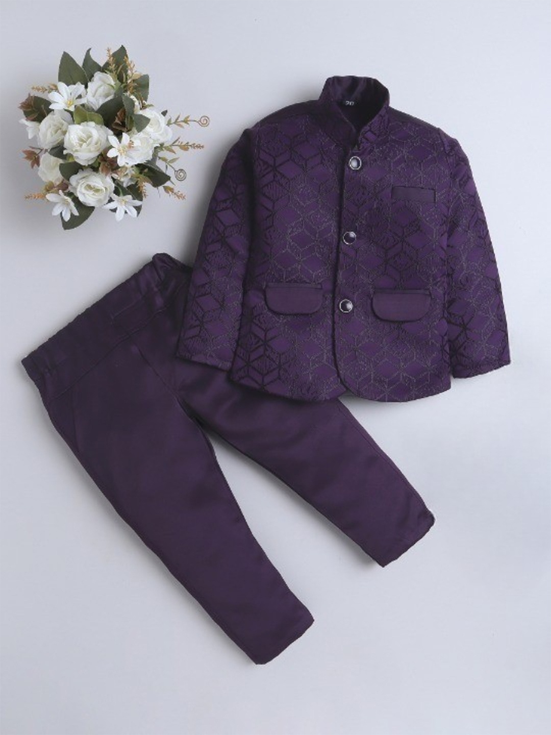 

FOURFOLDS Boys Single-Breasted Mandarin Collar Lond Sleeves 2-Piece Suit, Purple