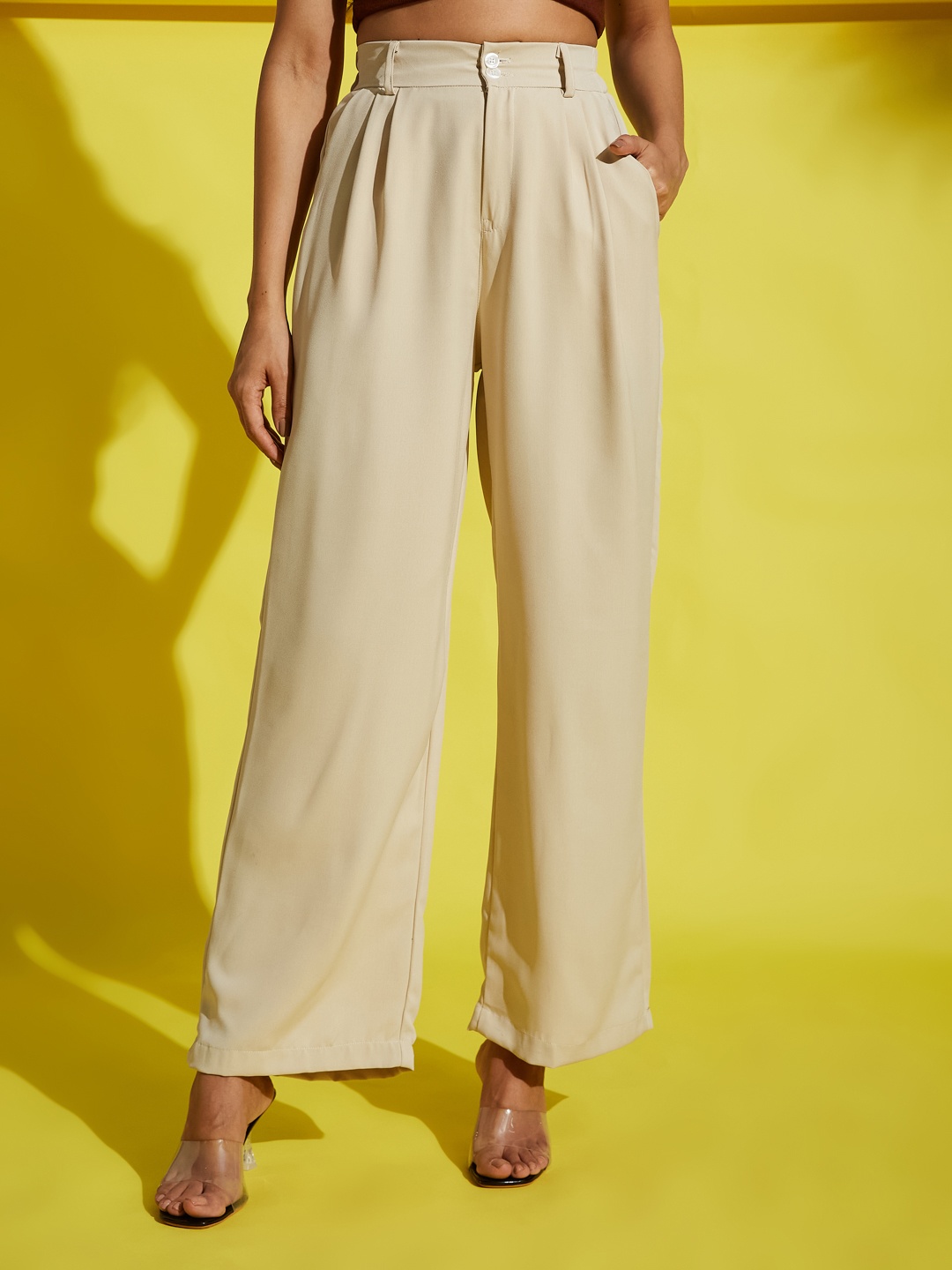 

AAHWAN Women Loose Fit High-Rise Pleated Trousers, Beige