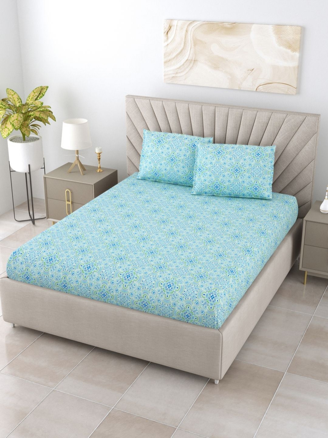 

BOMBAY DYEING Turquoise Blue Printed Pure Cotton120 TC Queen Bedsheet Set 2.24 m X 2.54 m