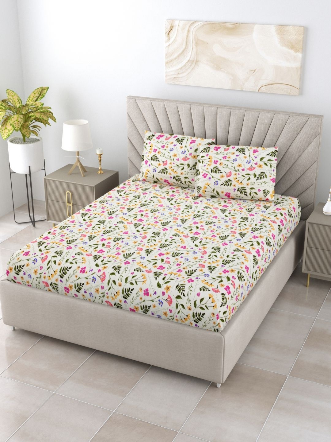

BOMBAY DYEING Epigram White Floral Pure Cotton 120TC King Bedsheet Set 2.74 m X 2.74 m