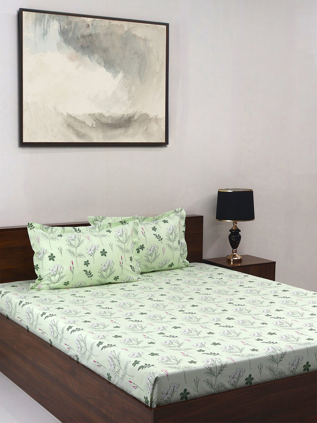 

BOMBAY DYEING Vintage Green Floral Pure Cotton 180 TC King Bedsheet Set 2.74 m X 2.74 m