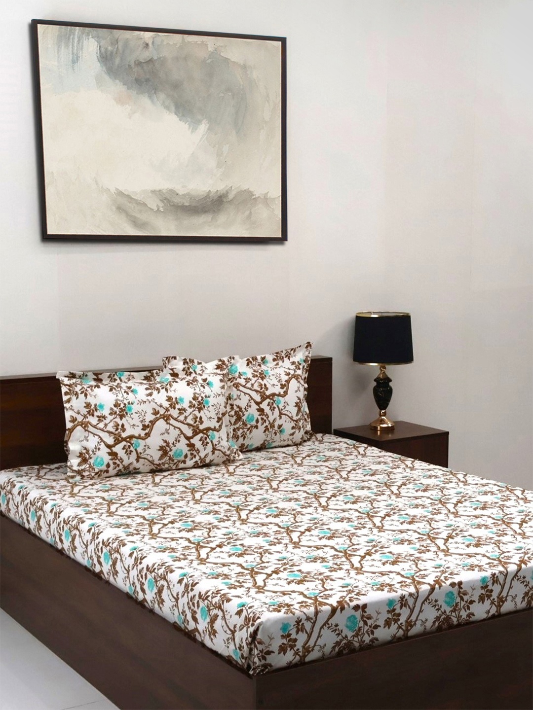 

BOMBAY DYEING Brown & Blue Floral Pure Cotton 144 TC Queen Bedsheet Set 2.28 x 2.54 Mts