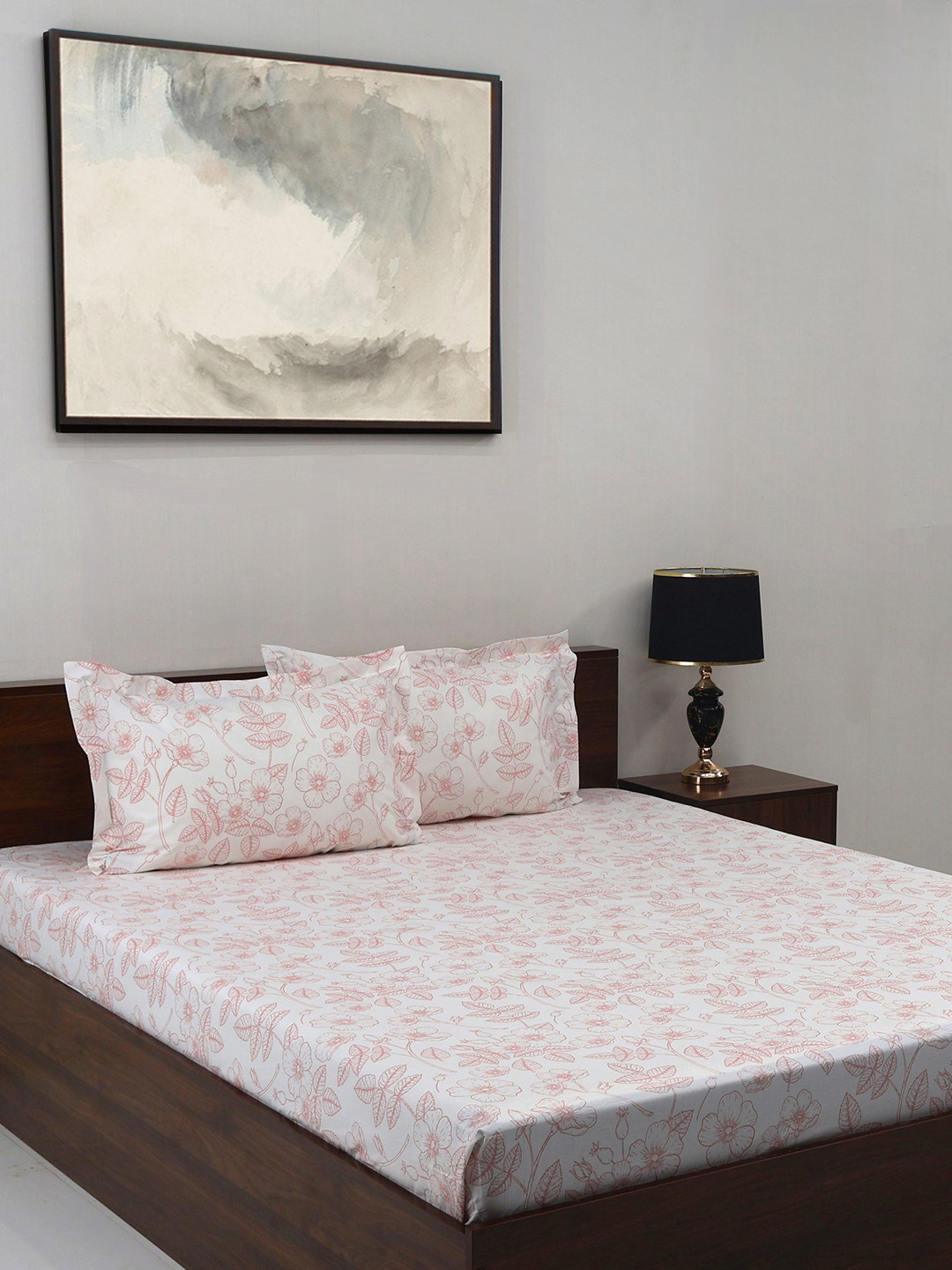 

BOMBAY DYEING Pink & White Floral Pure Cotton 180 TC King Bedsheet Set 2.74 x 2.74 Mts