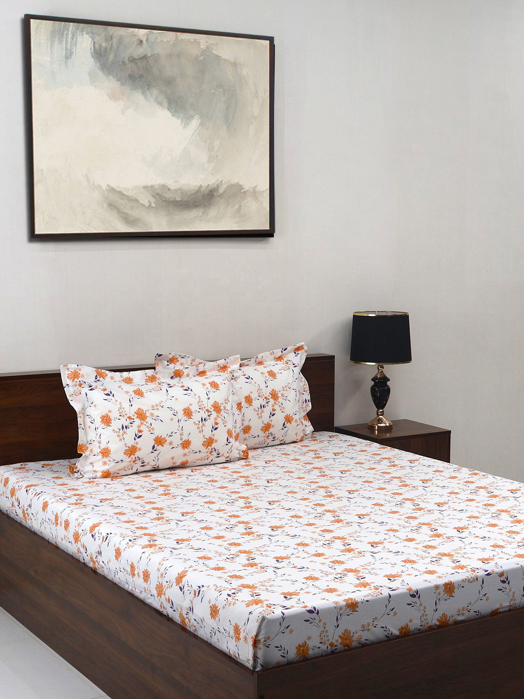 

BOMBAY DYEING Vintage White Floral Pure Cotton 180 TC King Bedsheet Set 2.74 m X 2.74 m