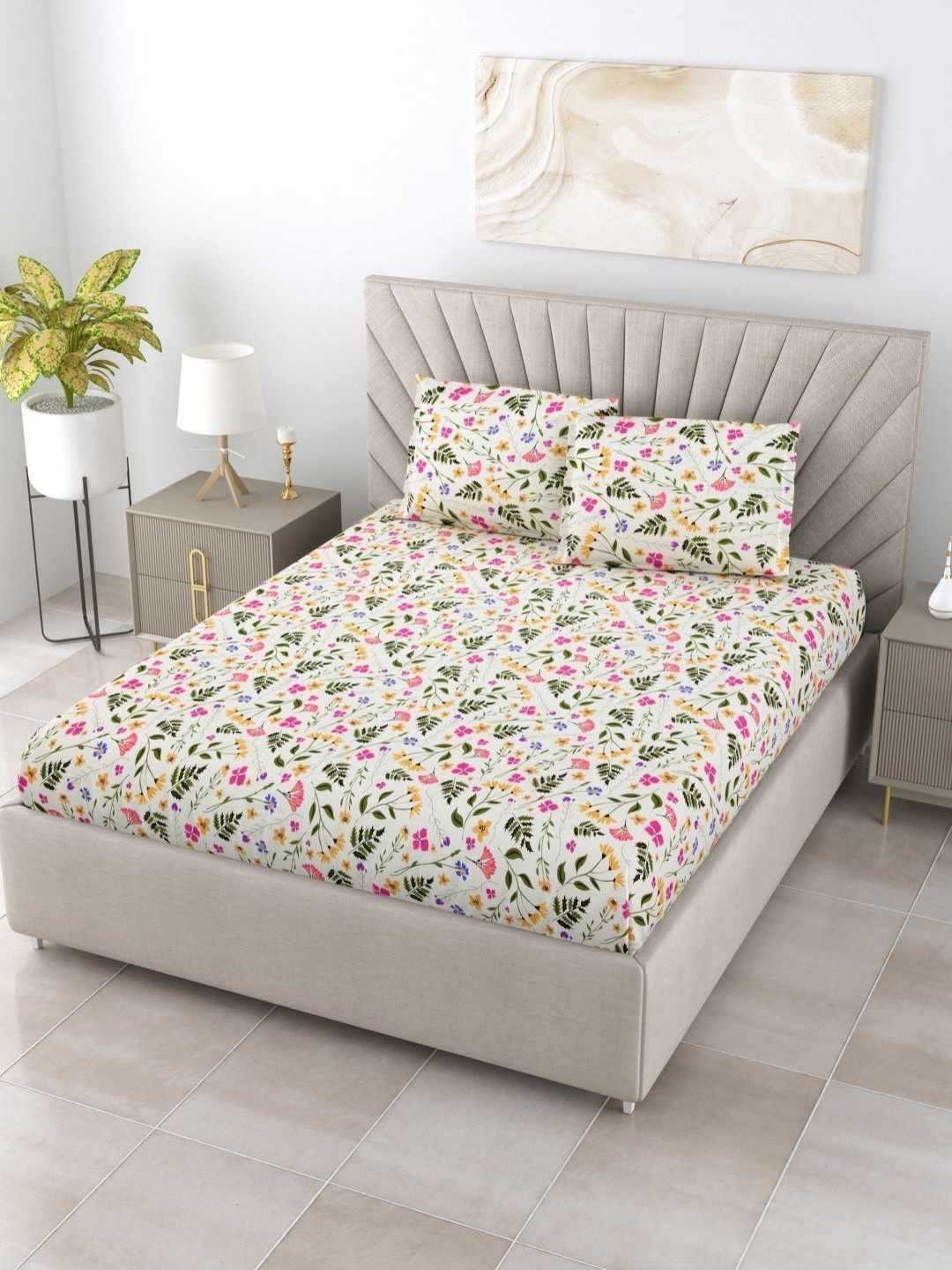 

BOMBAY DYEING Olive Green Floral Pure Cotton 120 TC Queen Bedsheet Set 2.24 x 2.54 Mts