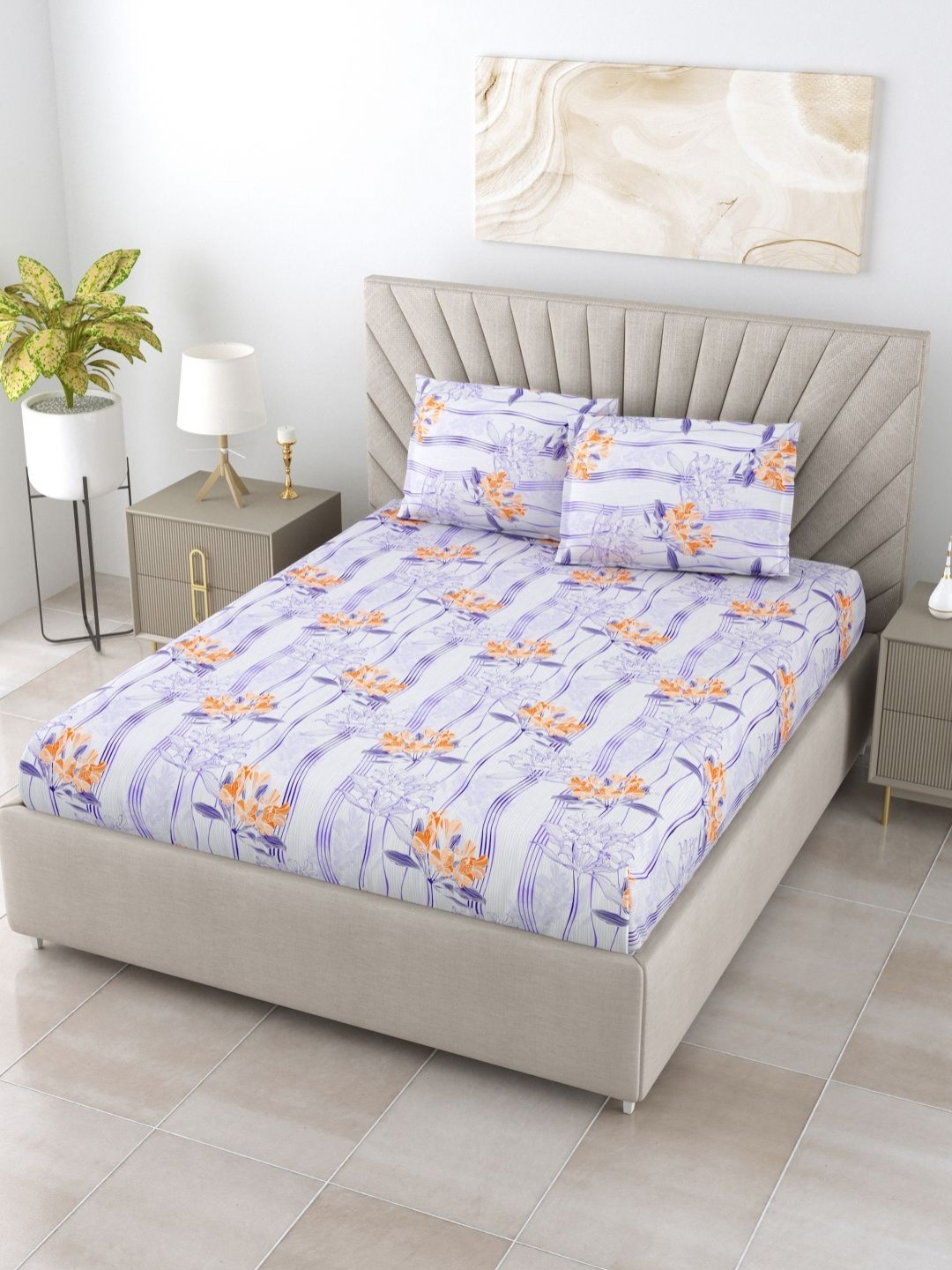 

BOMBAY DYEING Orange Printed Pure Cotton 120 TC Queen Bedsheet Set 2.24 m X 2.54 m