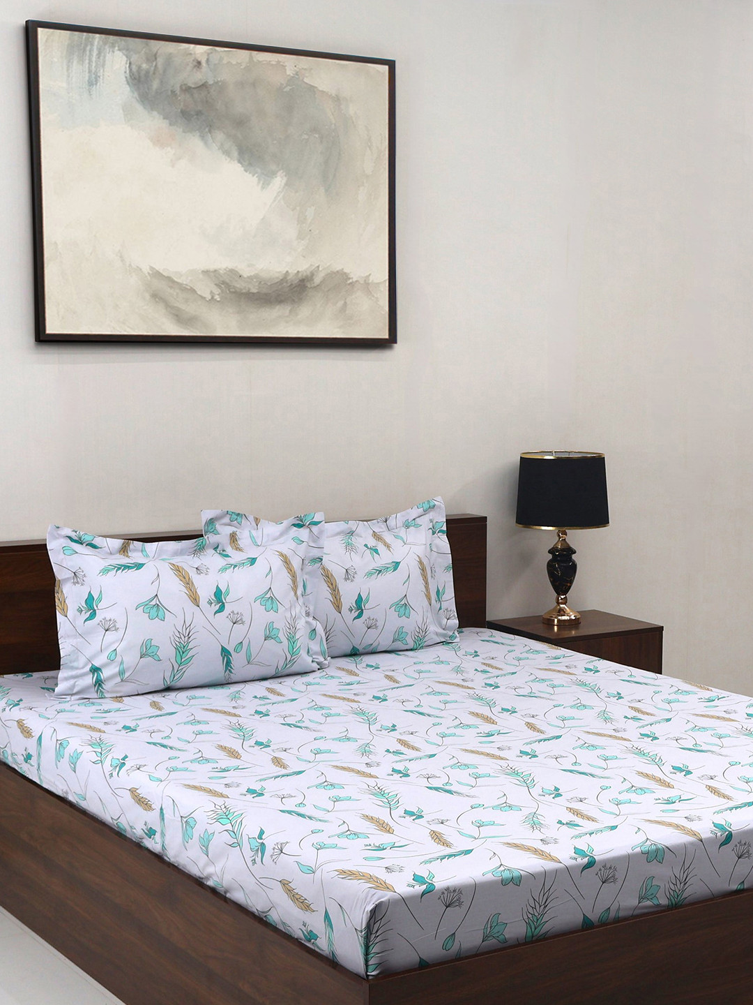 

BOMBAY DYEING Vintage White Floral Pure Cotton 180 TC King Bedsheet Set 2.74 m X 2.74 m