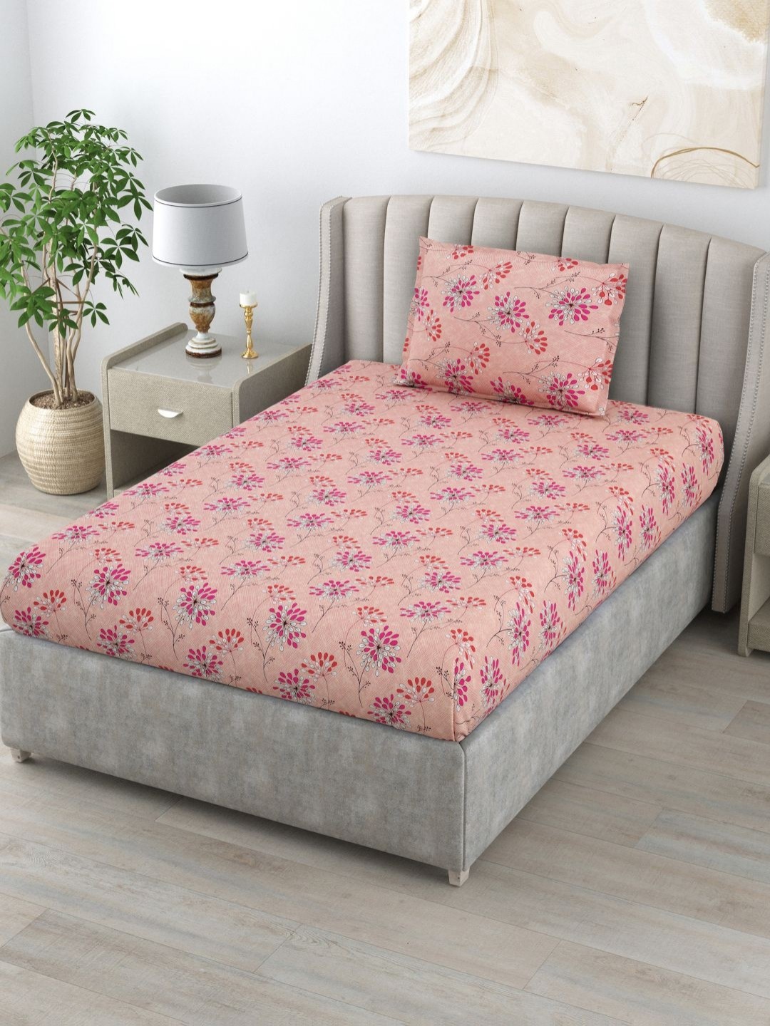 

BOMBAY DYEING Epigram Pink Floral Pure Cotton 120TC Single Bedsheet Set 1.50 m X 2.24 m