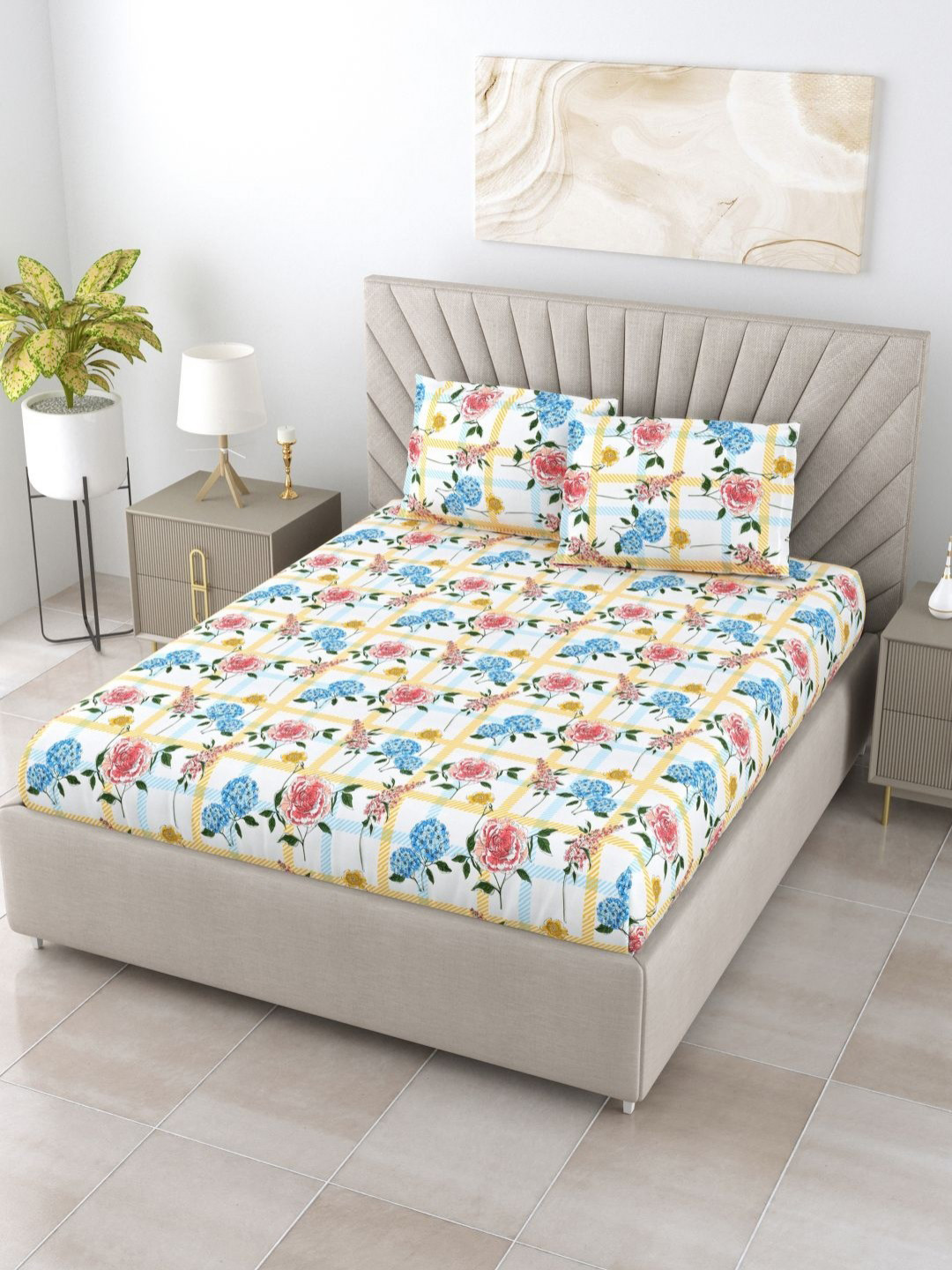 

BOMBAY DYEING Orange & Blue Floral Pure Cotton 144 TC King Bedsheet Set 2.74 x 2.74 Mts