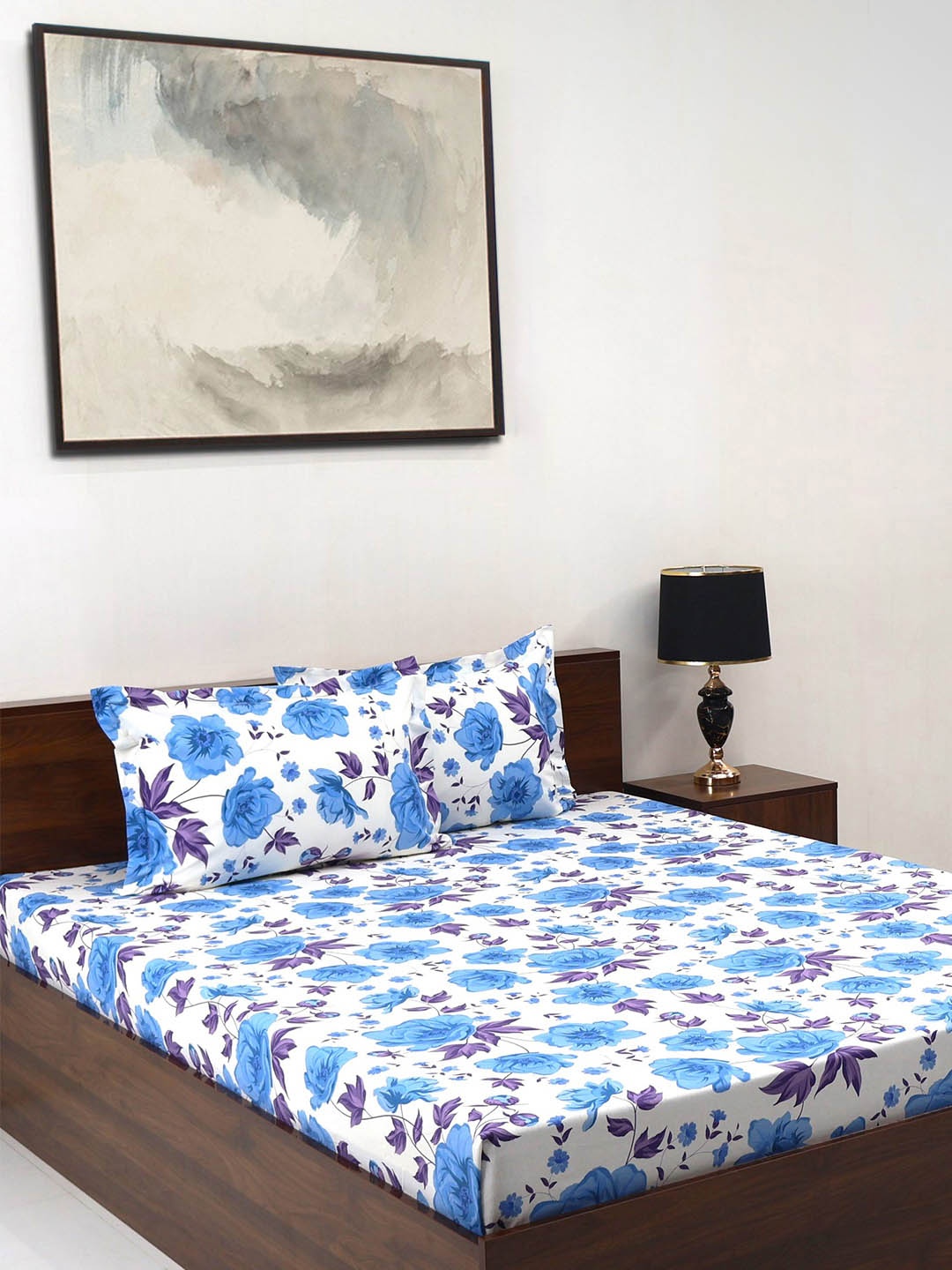 

BBOMBAY DYEING Epigram Blue Floral Pure Cotton 120TC Queen Bedsheet Set 2.28 m X 2.54 m