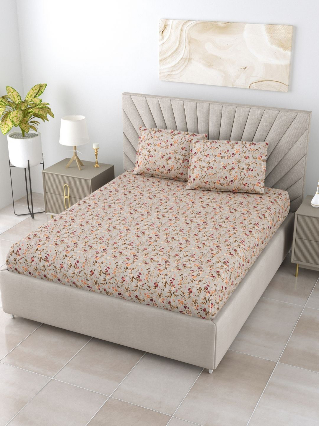 

BOMBAY DYEING Florentine Grey Floral Pure Cotton 144 TC King Bedsheet Set 2.74 m X 2.74 m