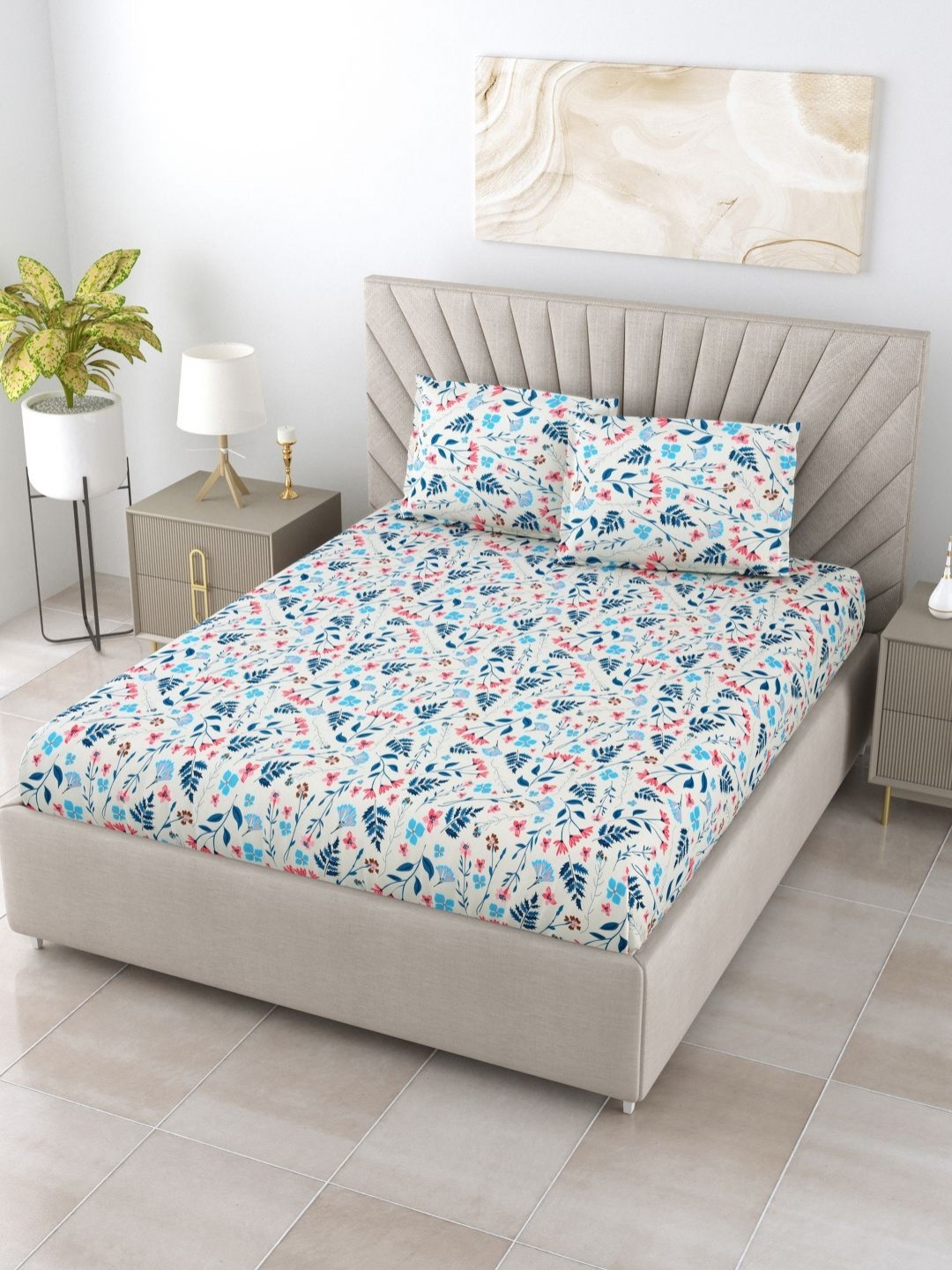

BOMBAY DYEING Epigram Blue Printed Pure Cotton 120 TC Queen Bedsheet Set 2.24 m X 2.54 m