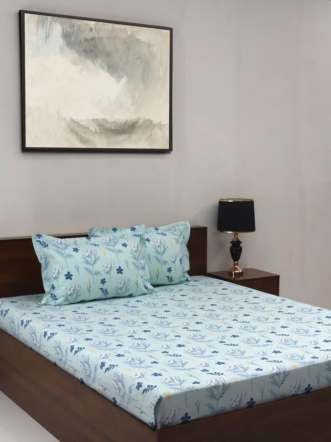 

BOMBAY DYEING Vintage Blue Floral Pure Cotton 180 TC King Bedsheet Set 2.74 m X 2.74 m