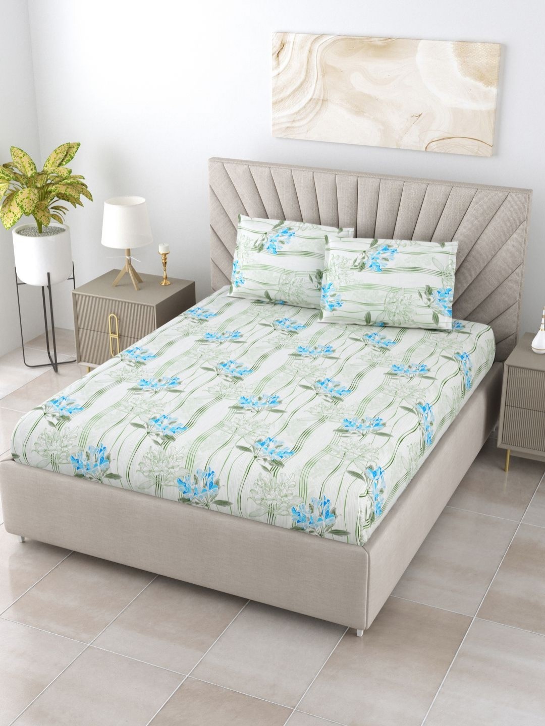 

BOMBAY DYEING Epigram White Floral Pure Cotton 120TC Queen Bedsheet Set 2.24 m X 2.54 m