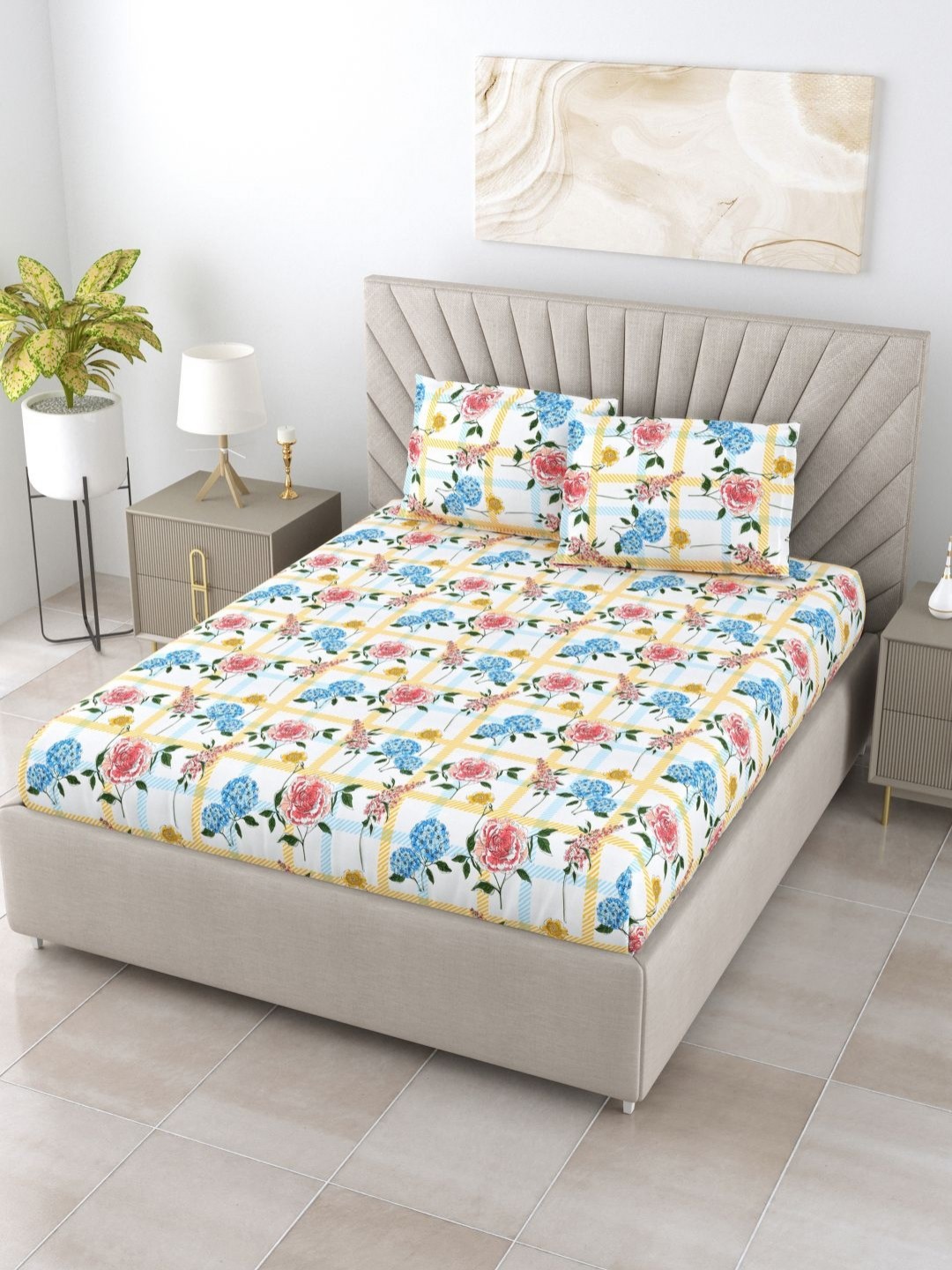 BOMBAY DYEING Florentine White Floral Pure Cotton 144TC Queen Bedsheet Set 2.28 m X 2.54 m