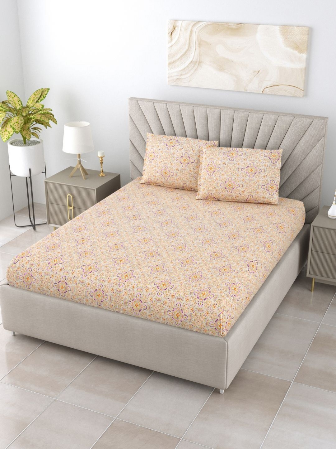 

BOMBAY DYEING Epigram Yellow Printed Pure Cotton 120 TC King Bedsheet Set 2.74 m X 2.74 m