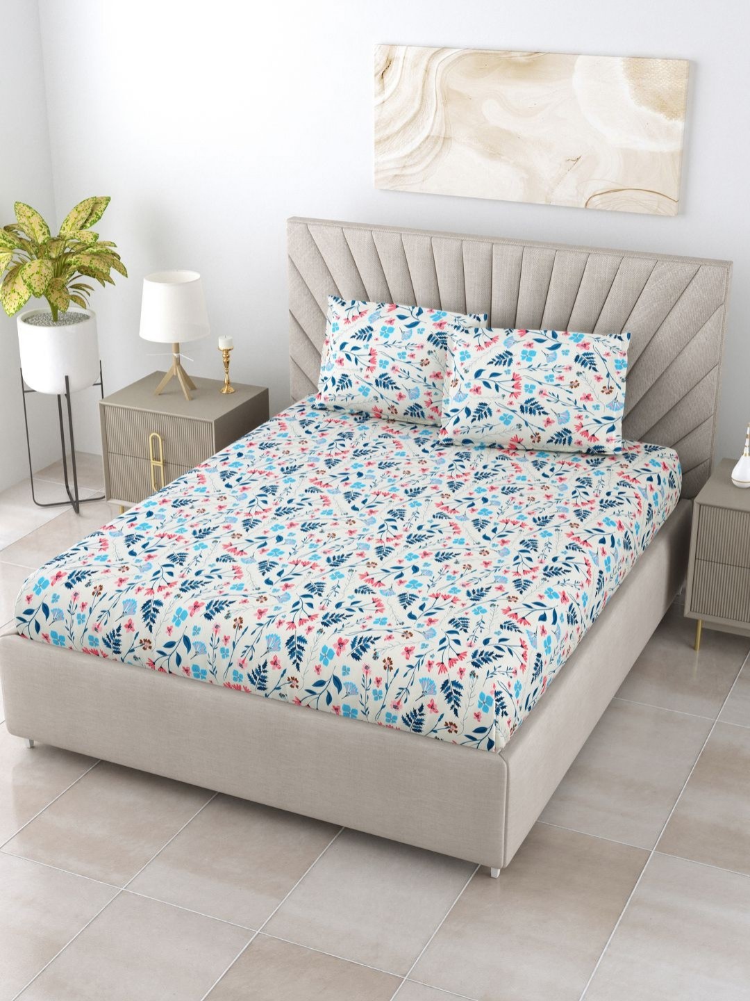 

BOMBAY DYEING Epigram Blue Printed Pure Cotton 120 TC King Bedsheet Set 2.74 m X 2.74 m