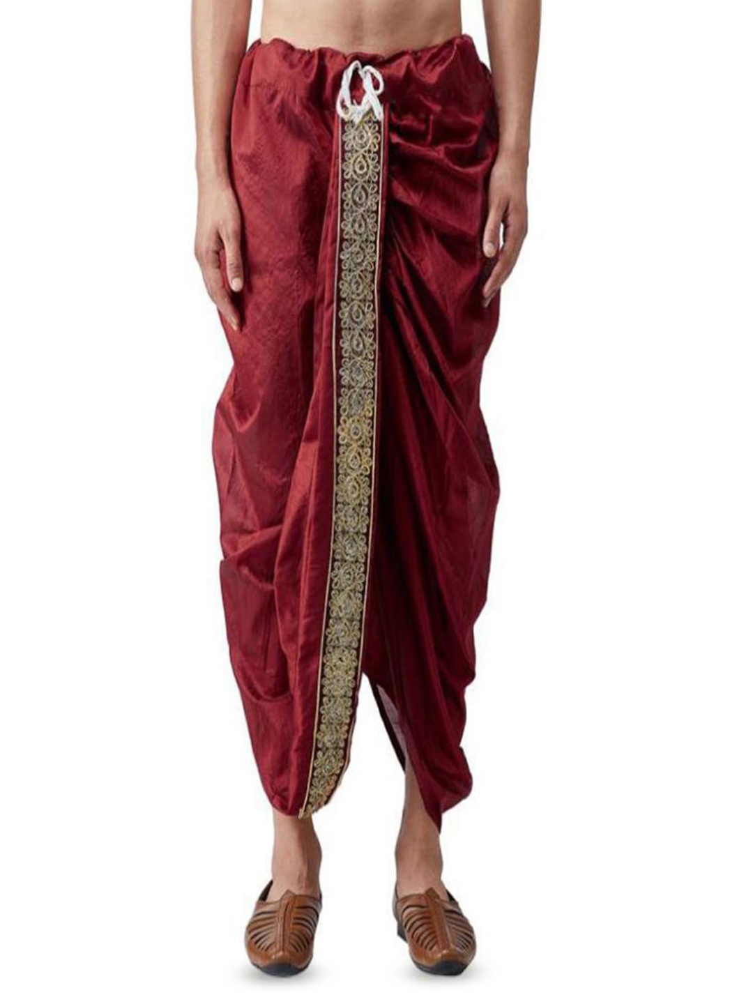 

FANZI Men Silk Dhoti Pant with Lace Work, Maroon