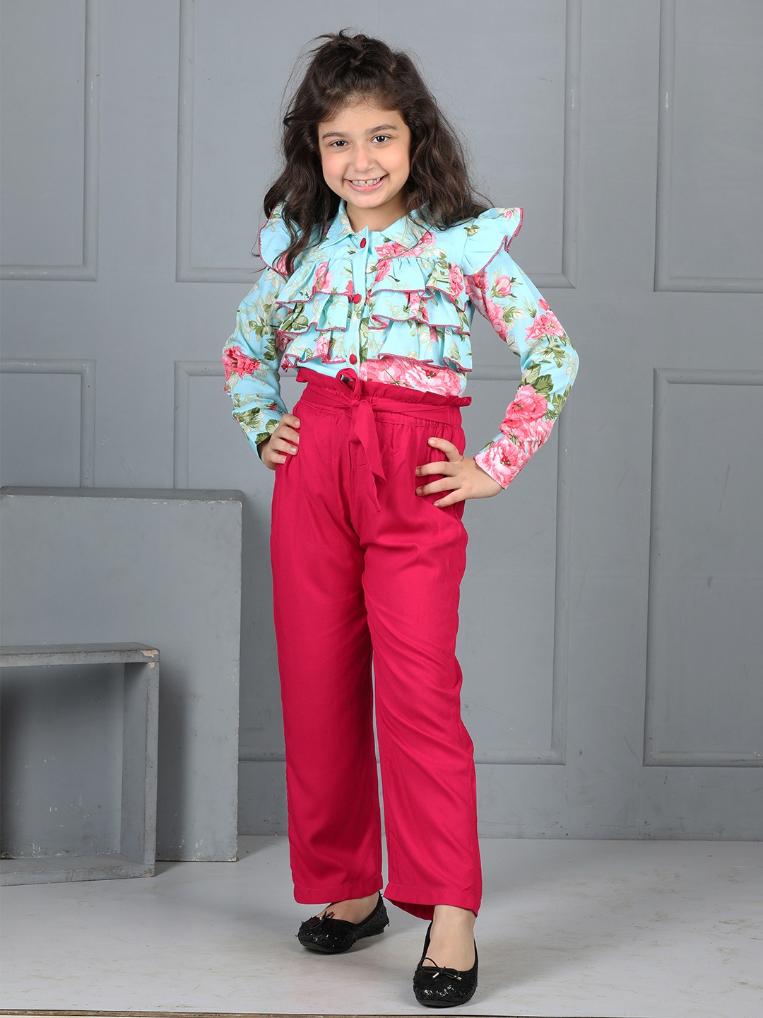 

Cutiekins Girls Floral Printed Shirt Collar Long sleeves Shirt With Trouser, Turquoise blue