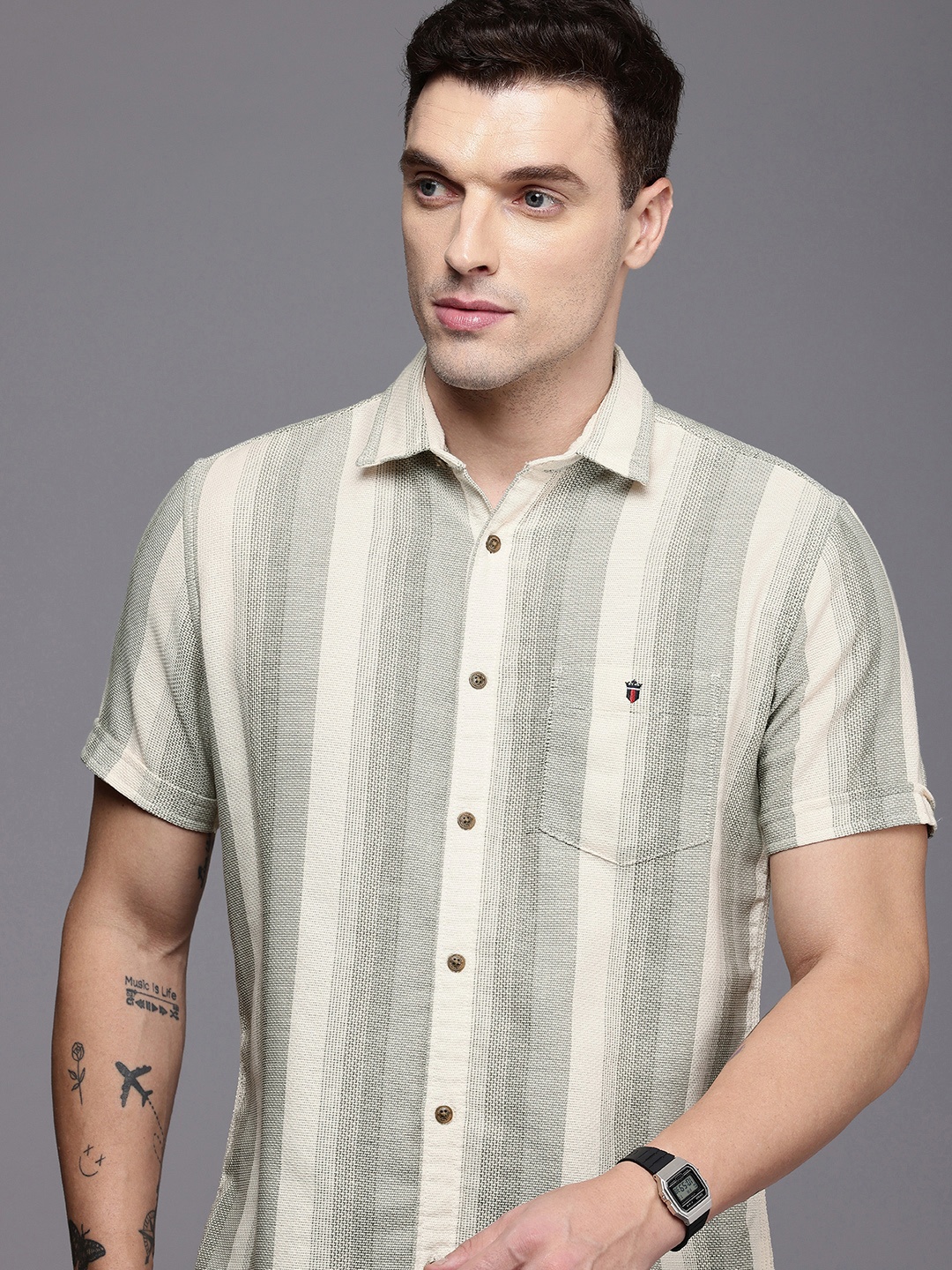 

Louis Philippe Jeans Pure Cotton Slim Fit Striped Knitted Casual Shirt, Green