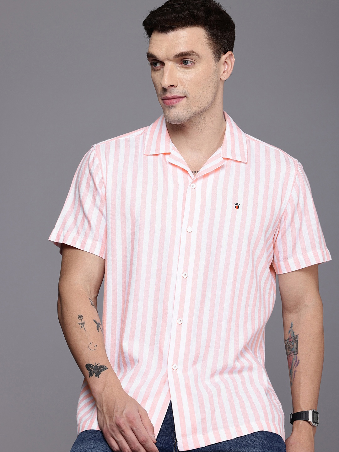 

Louis Philippe Jeans Slim Fit Striped Casual Shirt, Pink