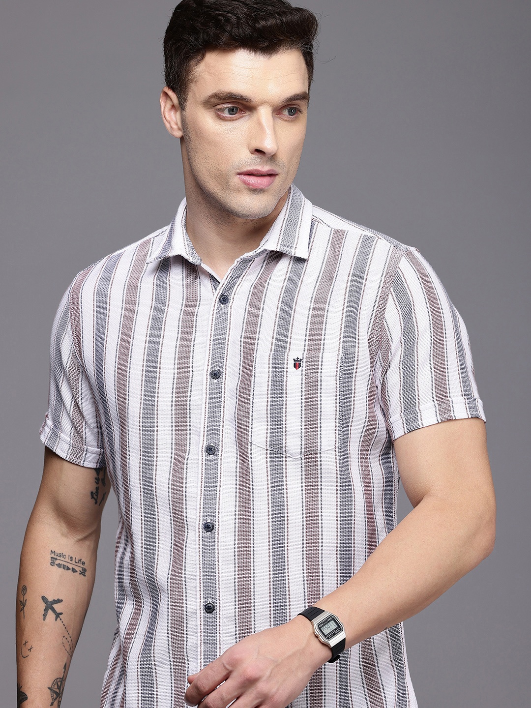

Louis Philippe Jeans Pure Cotton Slim Fit Striped Knitted Casual Shirt, White