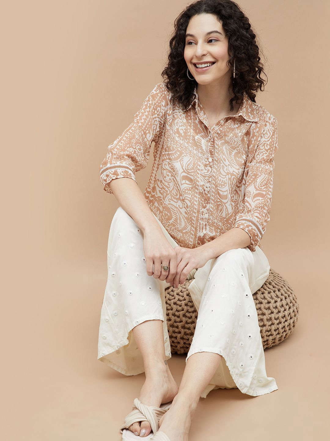 

Colour Me by Melange Women Spread Collar Floral Printed Casual Shirt, Beige