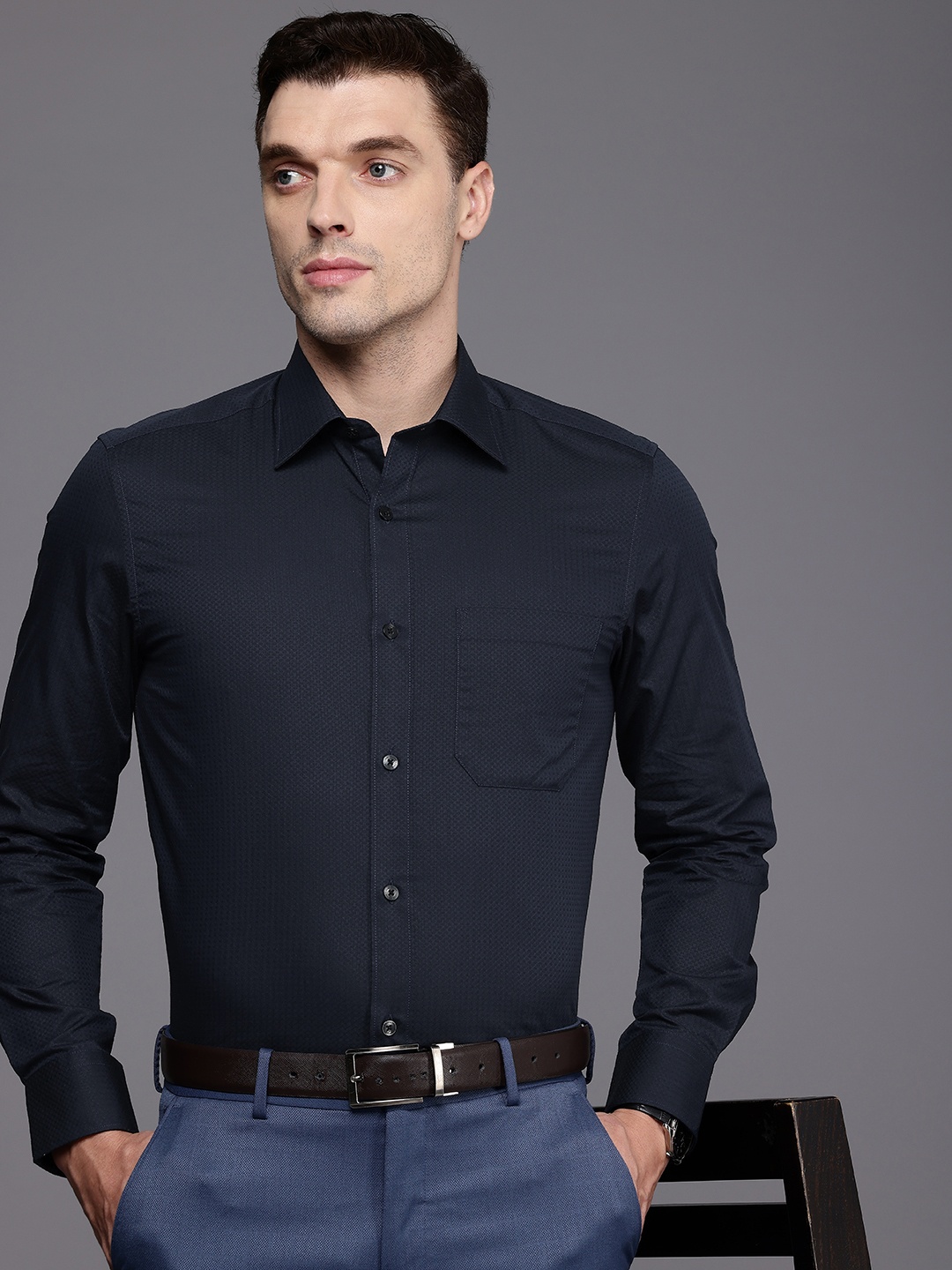 

Louis Philippe Pure Cotton Self Design Textured Classic Formal Shirt, Navy blue