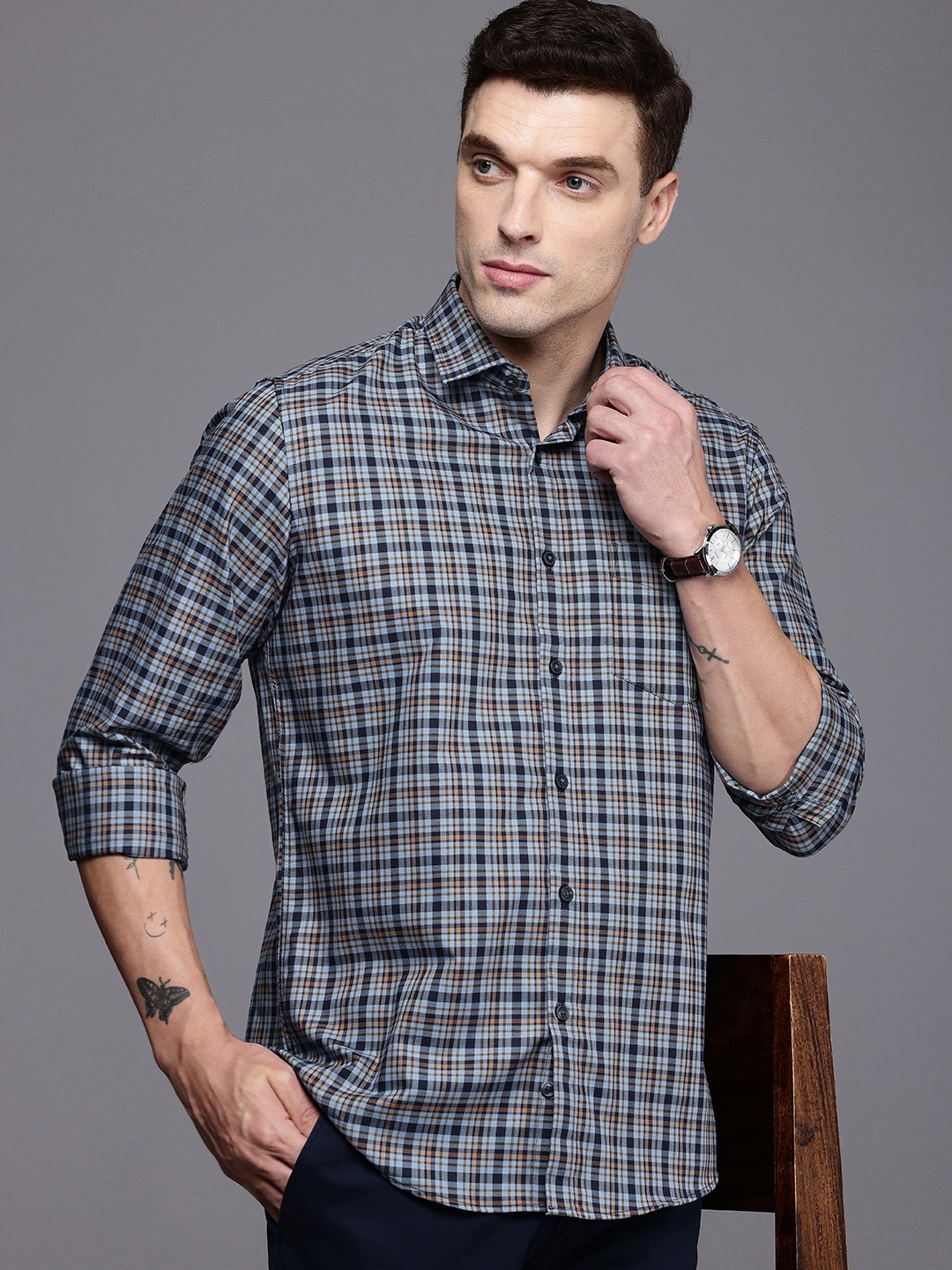 

Louis Philippe Sport Slim Fit Checked Pure Cotton Casual Shirt, Blue