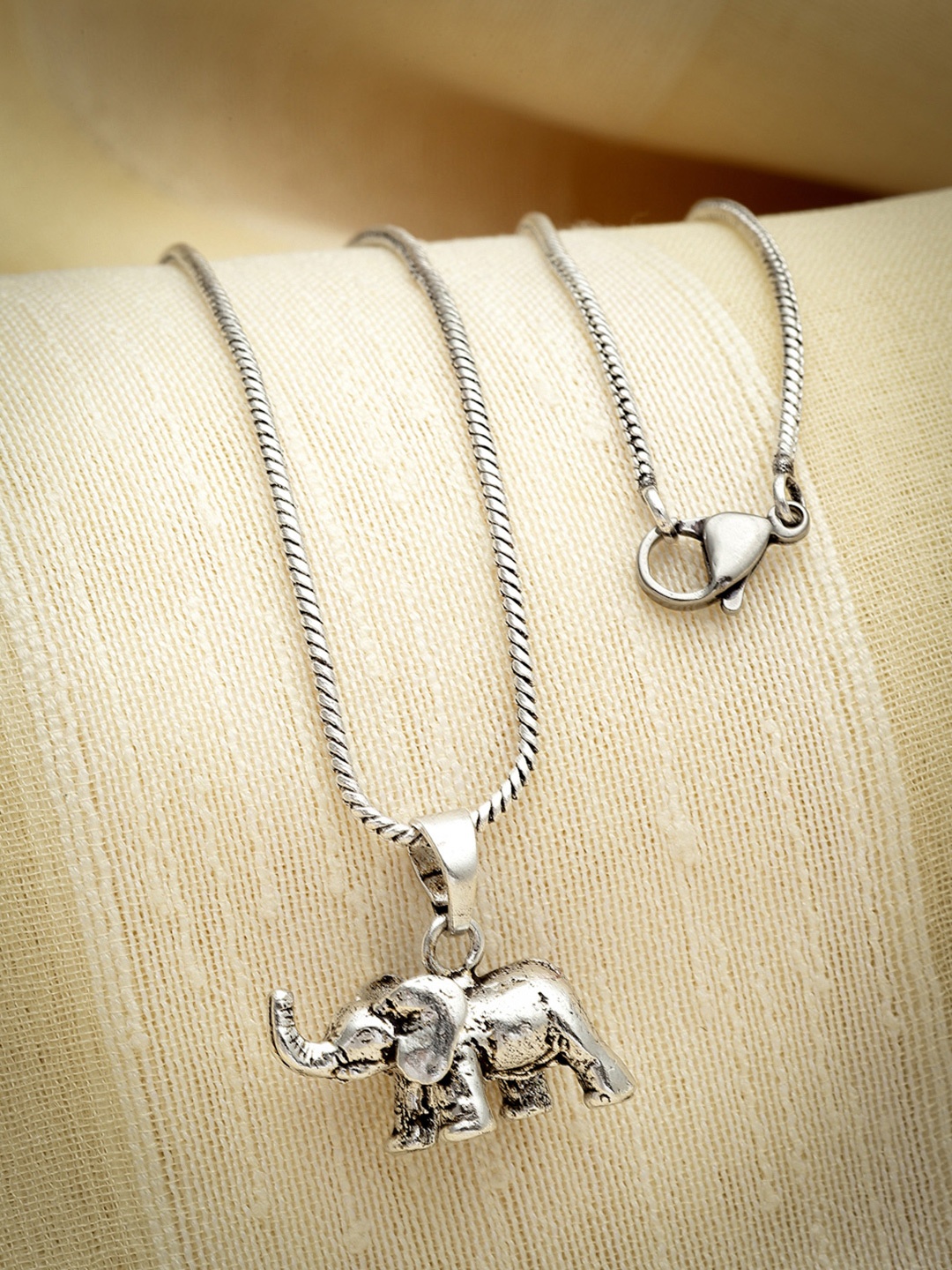 

Sanjog Silver-Plated Elephant With Trunk Up Oxidised Pendant With Chain