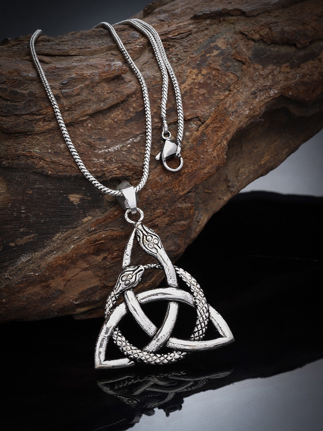 

Sanjog Silver-Plated Celtic Knot Snake Triad Triquetra Boho Pendant & Chain