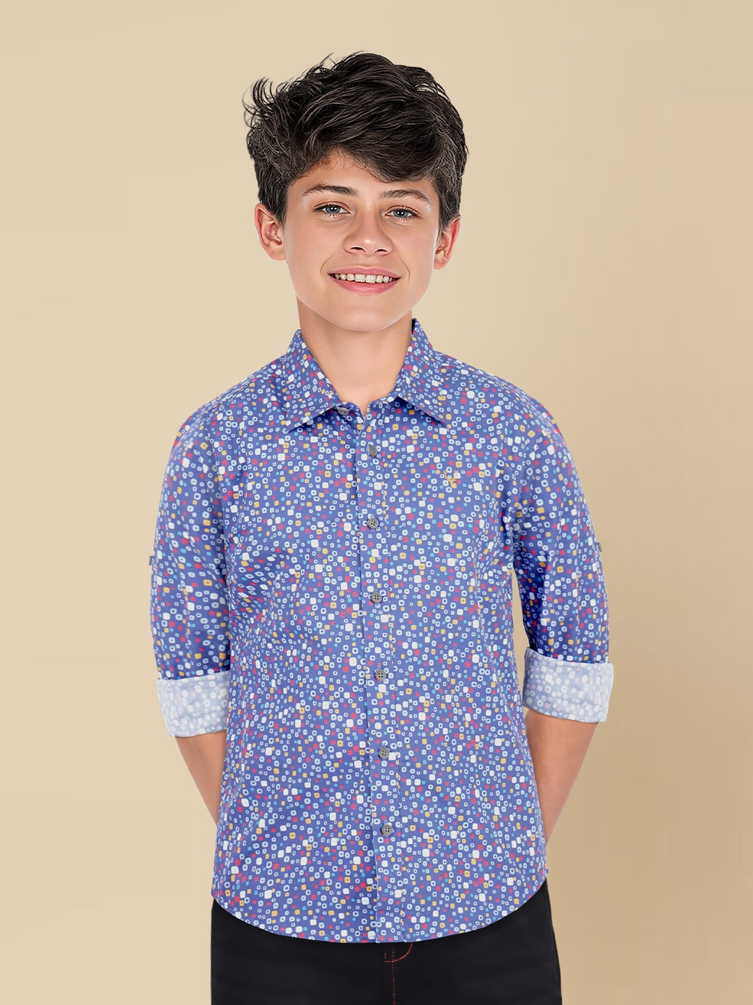 

Allen Solly Junior Boys Cutaway Collar Geometric Printed Cotton Slim Fit Casual Shirt, Blue