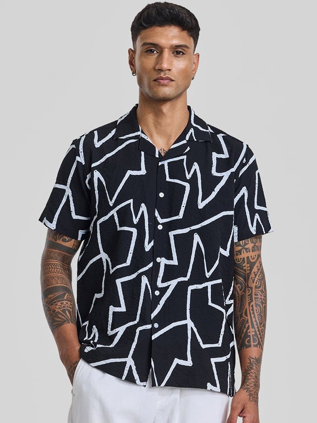 

Snitch Men Smart Cuban Collar Abstract Printed Slim Fit Casual Shirt, Black