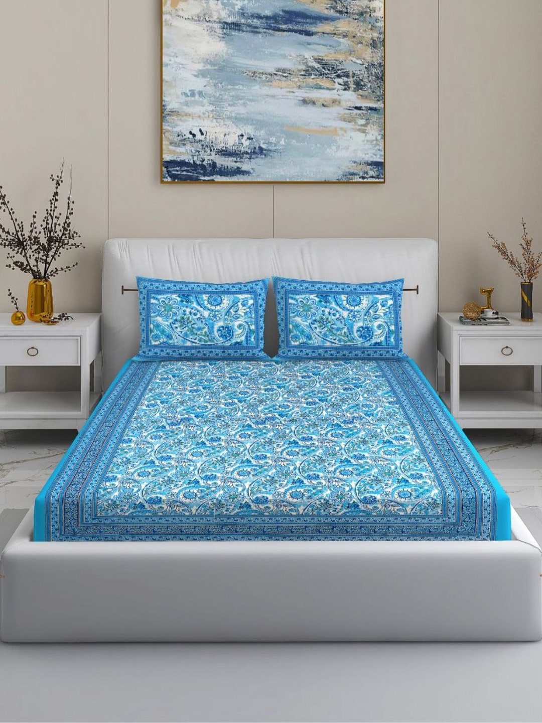 

MODEFE Blue Floral 144 TC Cotton King Bedsheet With 2 Pillow Covers - 2.2 M x 2.7 M