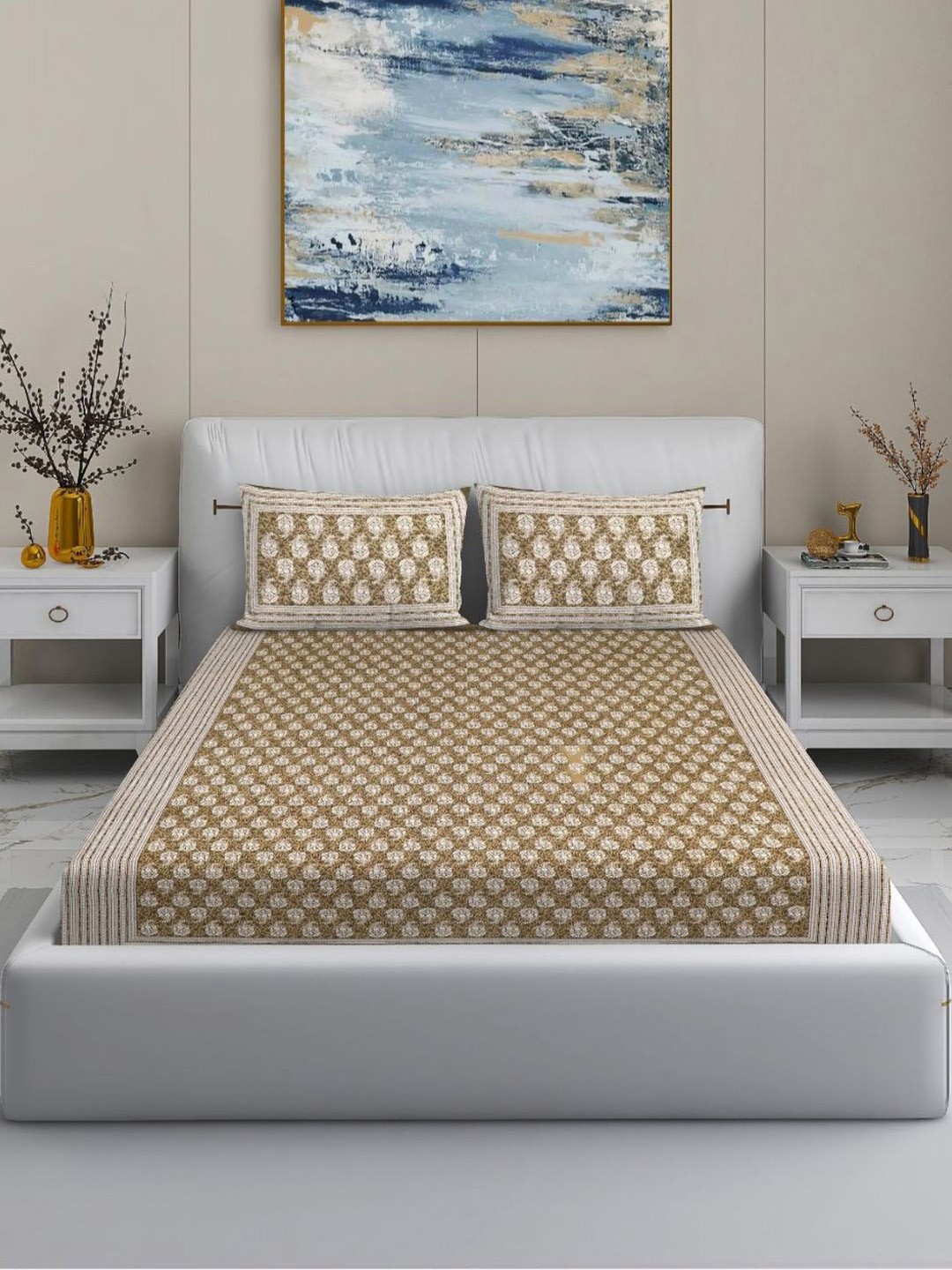 

MODEFE Beige Floral 144 TC Cotton King Bedsheet With 2 Pillow Covers - 2.2 M x 2.7 M