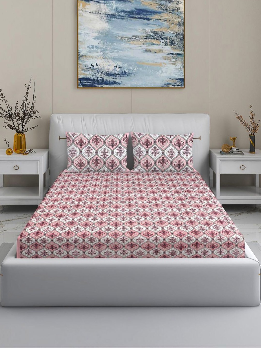 

MODEFE Pink Floral 144 TC Cotton King Bedsheet With 2 Pillow Covers - 2.2 M x 2.7 M