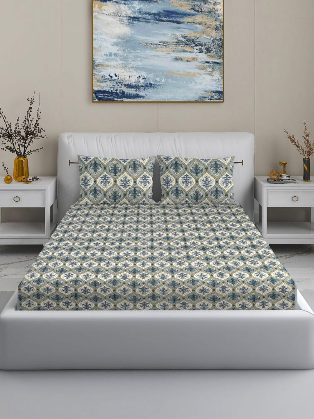 

MODEFE Grey Floral 144 TC Cotton King Bedsheet With 2 Pillow Covers - 2.2 M x 2.7 M