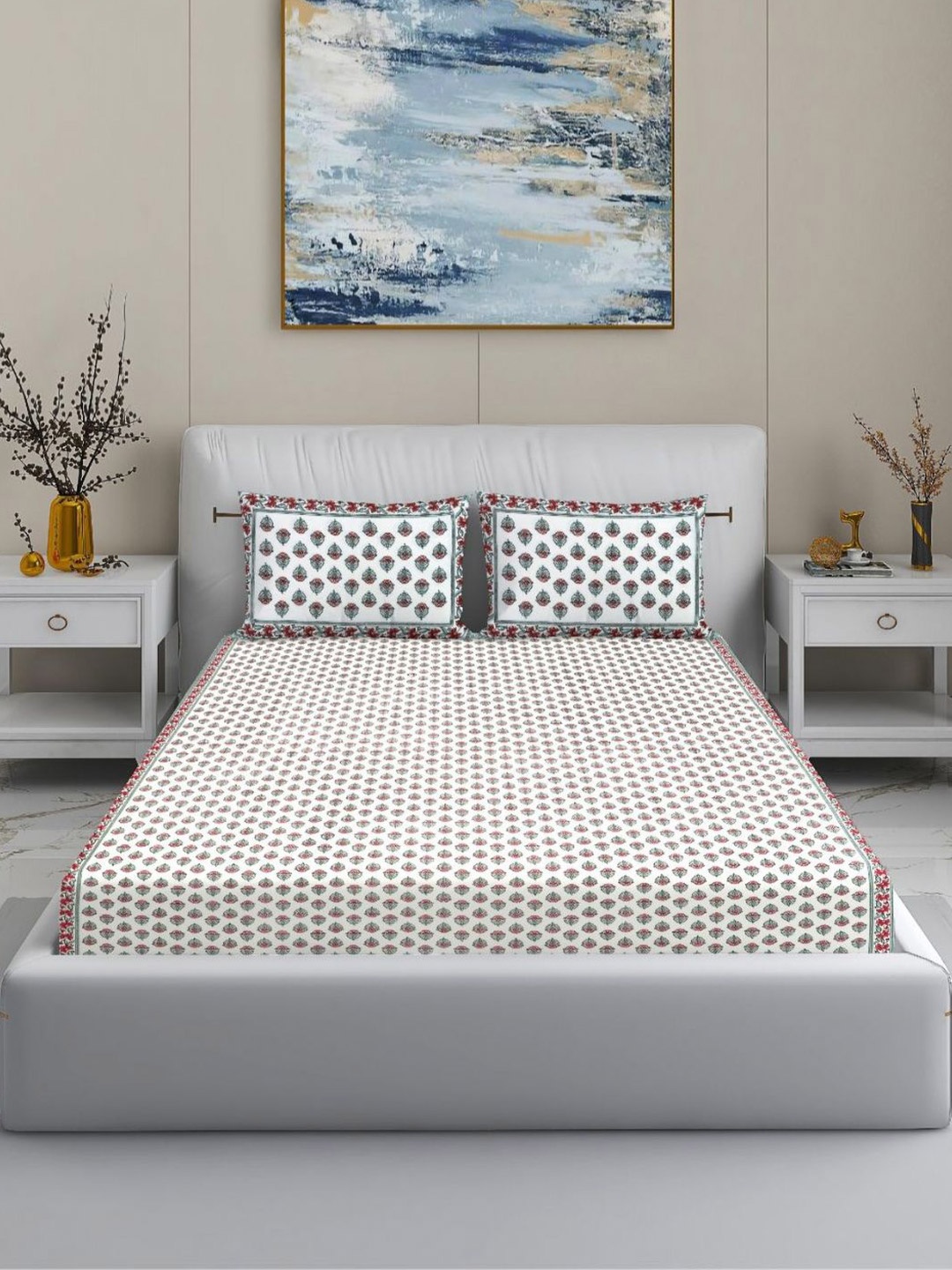 

MODEFE White & Red Floral 144 TC Cotton King Bedsheet With 2 Pillow Covers - 2.2 M x 2.7 M