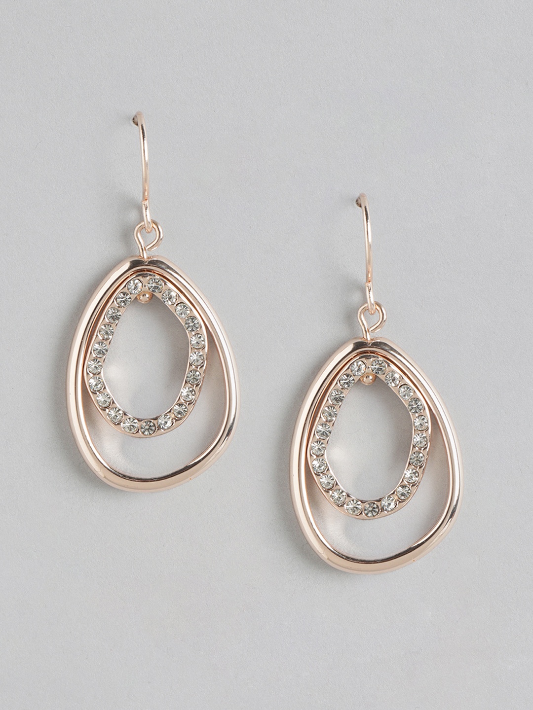 

Forever New Rose Gold Plated Crystal Studded Teardrop Shaped Drop Earrings