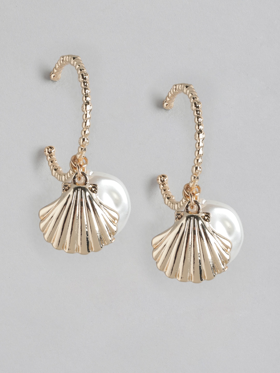 

Forever New Gold Plated Beaded Shell Shaped Contemporary Half Hoop Earrings