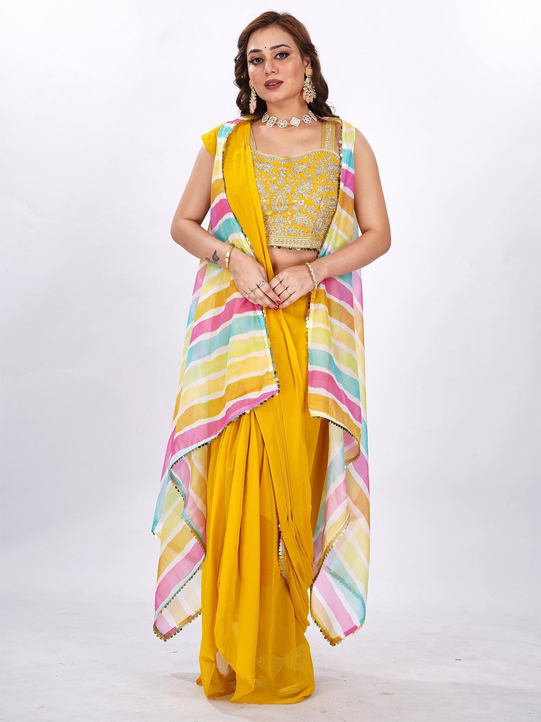 

LUGAI Ready to Wear Embroidered Saree With Shrug, Yellow