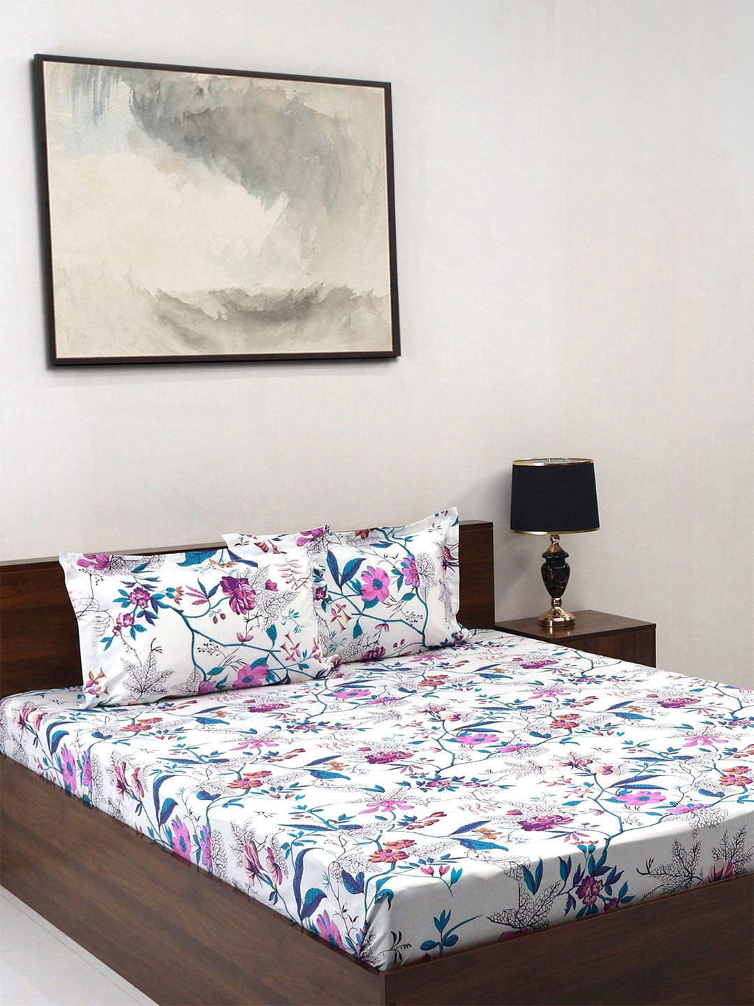 

BOMBAY DYEING White & Pink Floral Cotton 140 TC Super King Bedsheet Set-2.74 m X 2.74 m