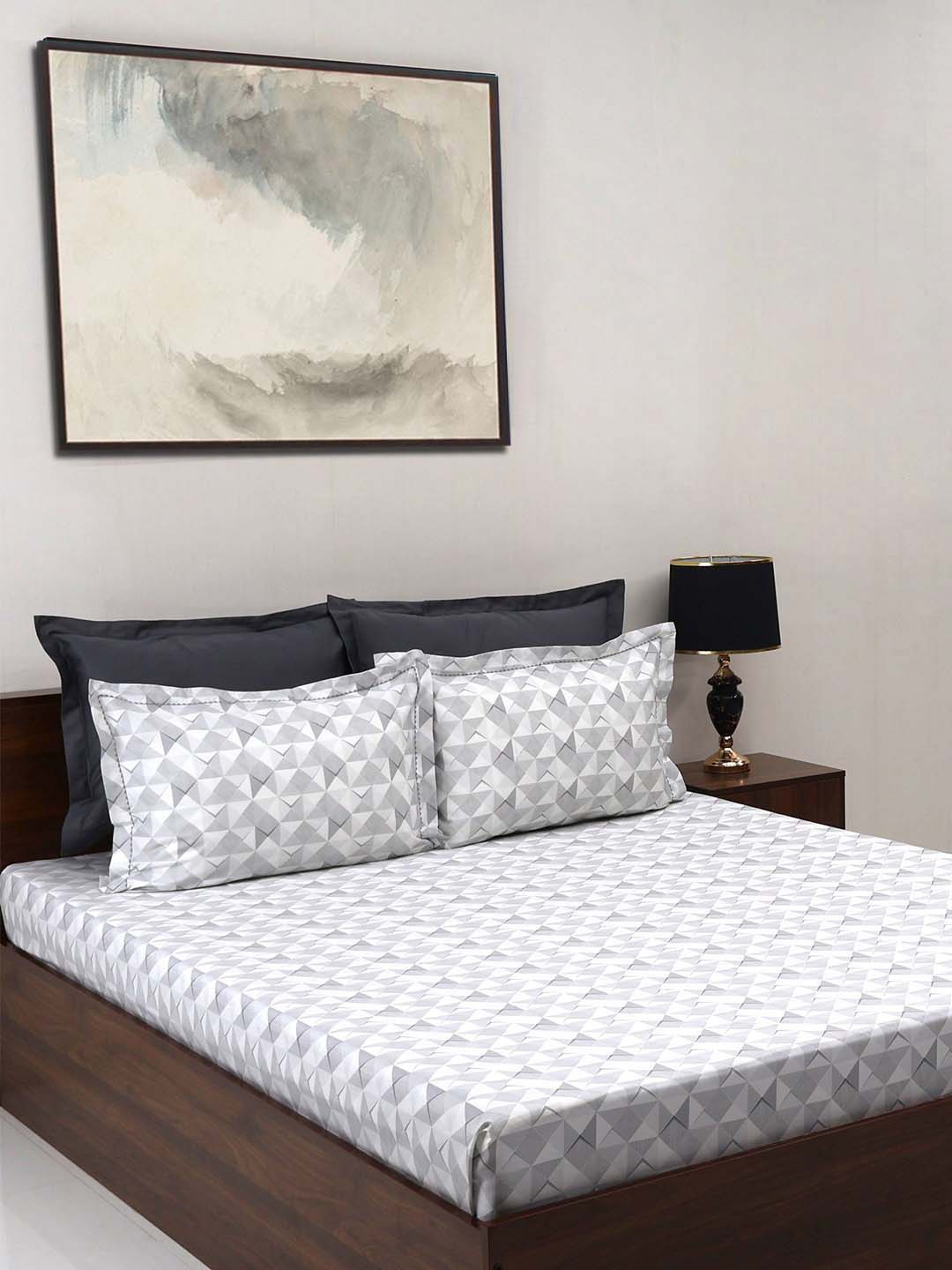 

BOMBAY DYEING Rigel Living Grey Printed Cotton 400TC Super King Bedsheet Set- 2.74mX2.74 m