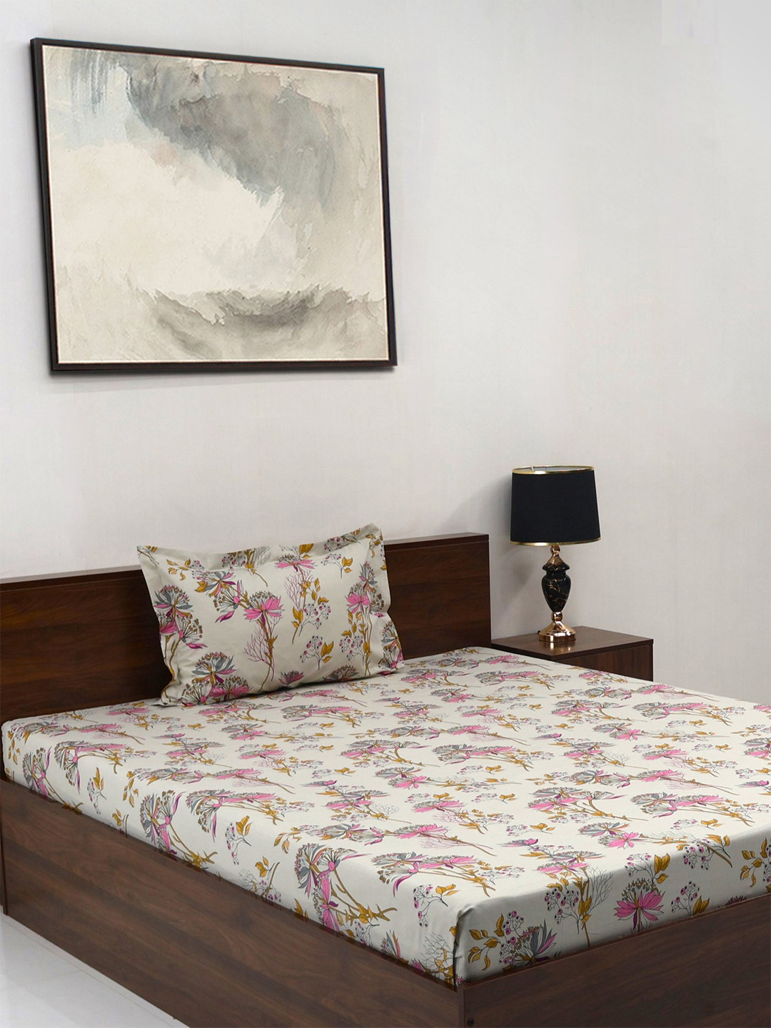 

BOMBAY DYEING Pink Floral Cotton 140 TC Single Bedsheet Set-1.50 m X 2.28 m