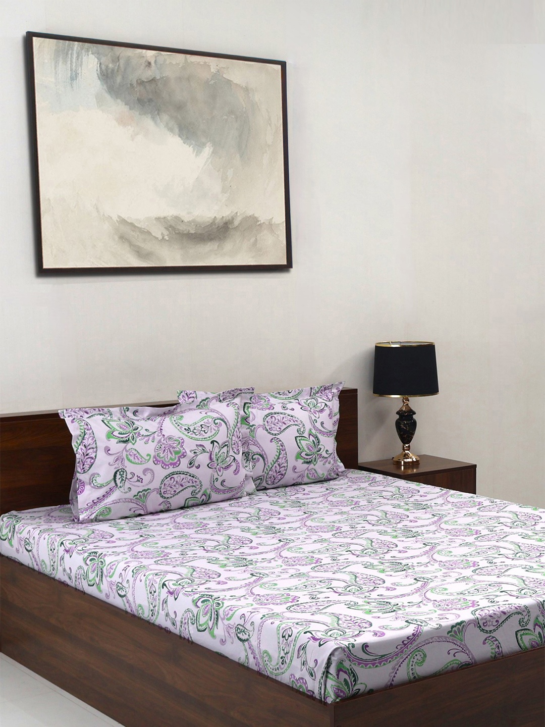 

BOMBAY DYEING Purple Floral Cotton 140 TC Double Queen Bedsheet Set-2.28 m X 2.54 m