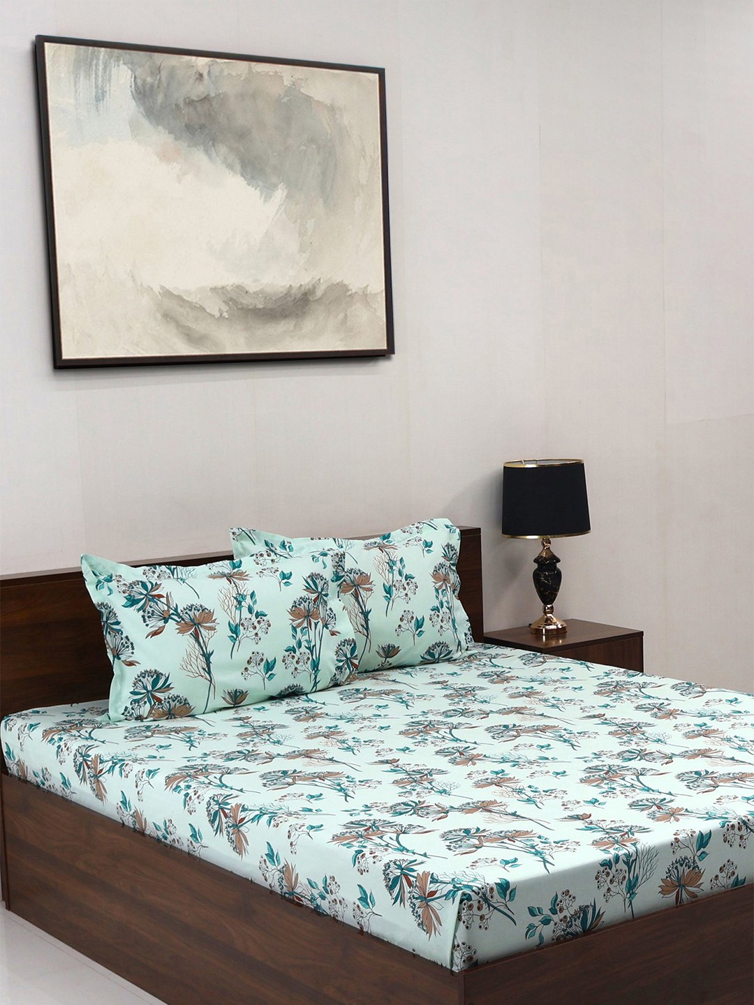 

BOMBAY DYEING Green & White Floral Cotton 140 TC Super King Bedsheet Set-2.74 cm X 2.74